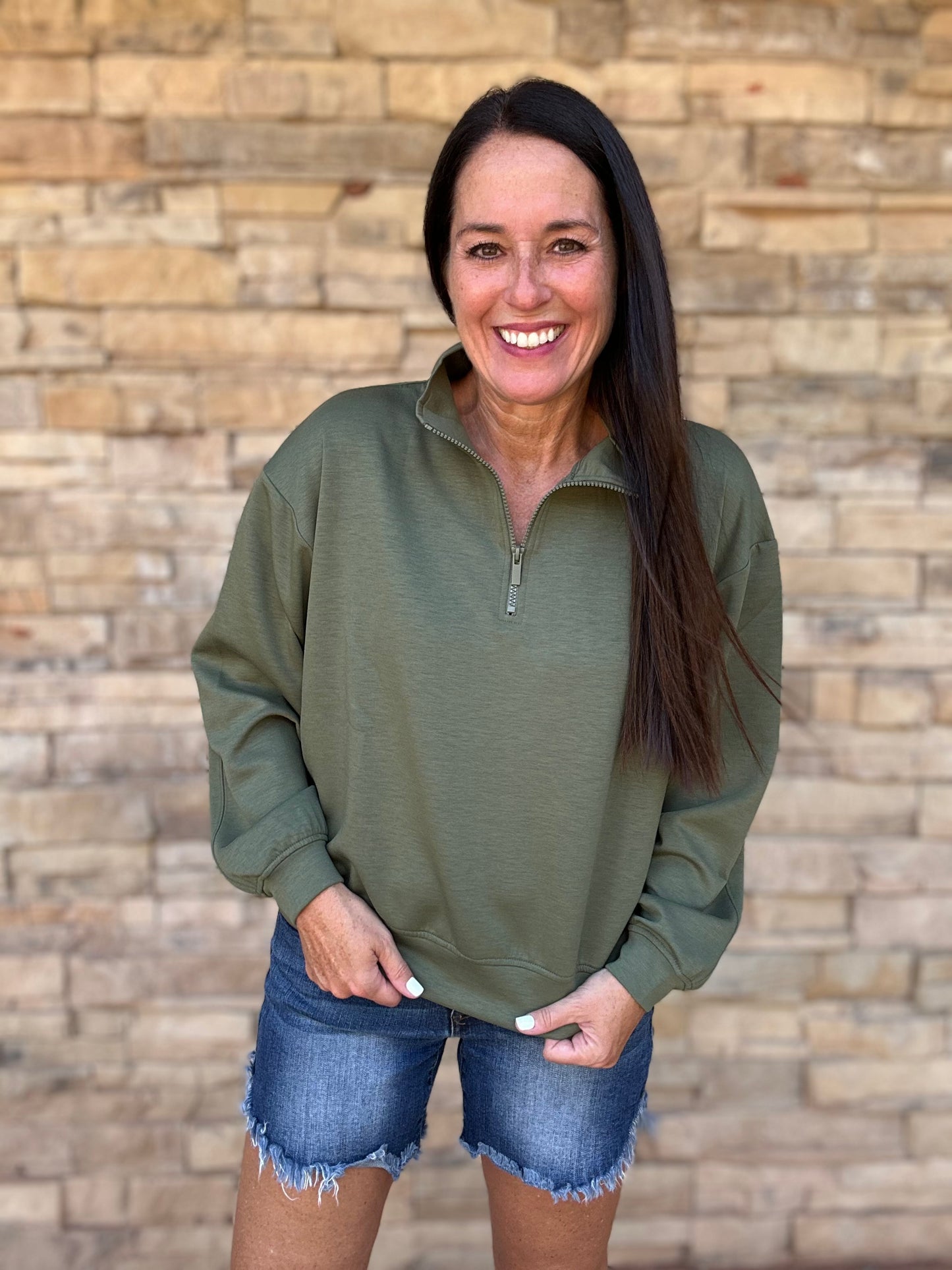 Zenana Scuba Half-Zip Pullover, Olive