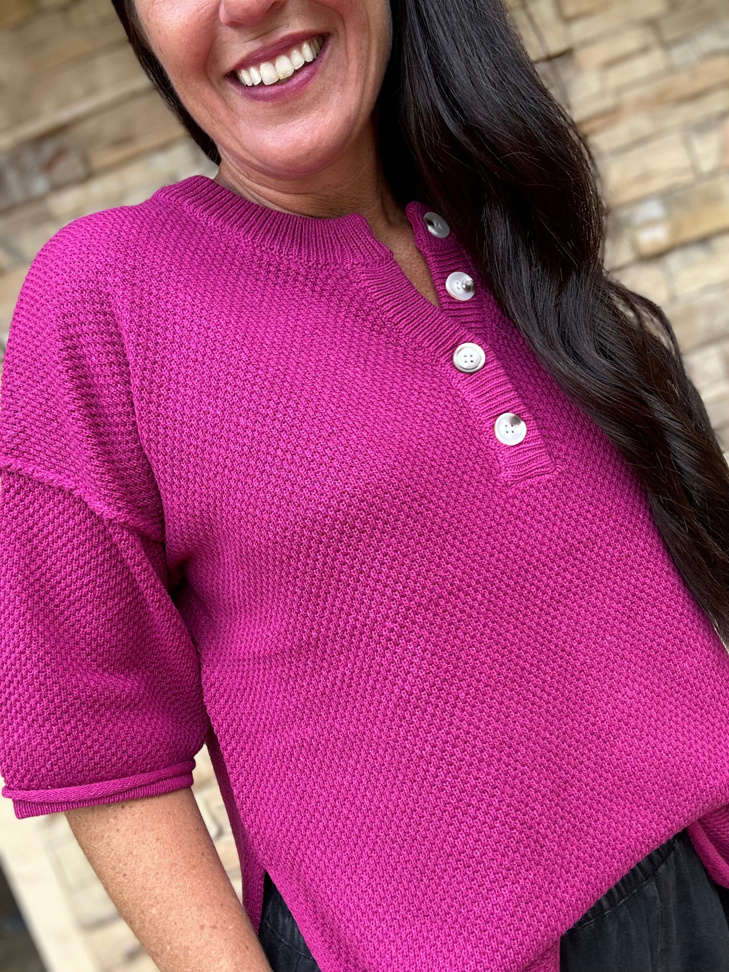 Magenta Button Transition Sweater