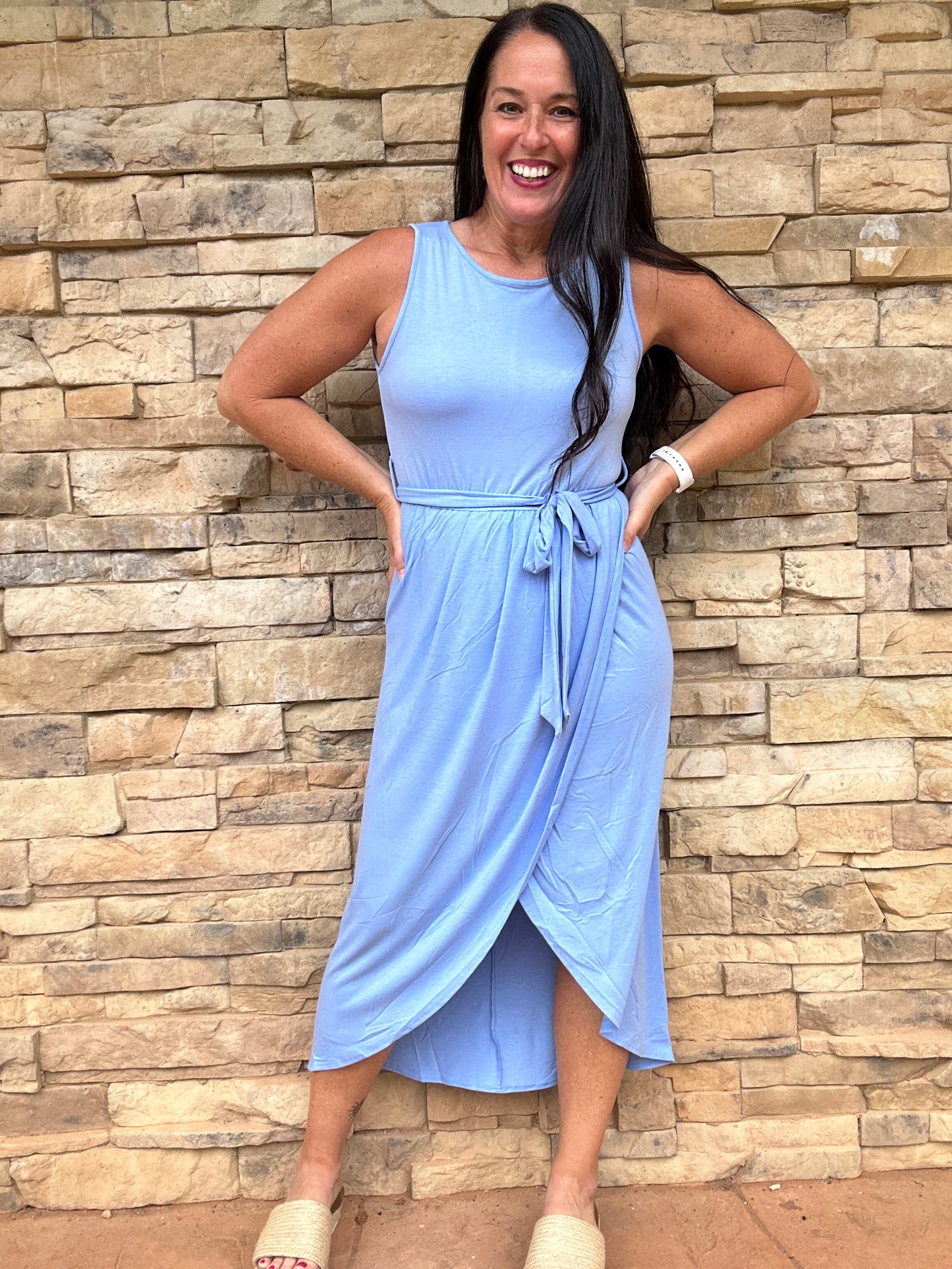 Zenana Sleeveless Belted Tulip Dress, Blue