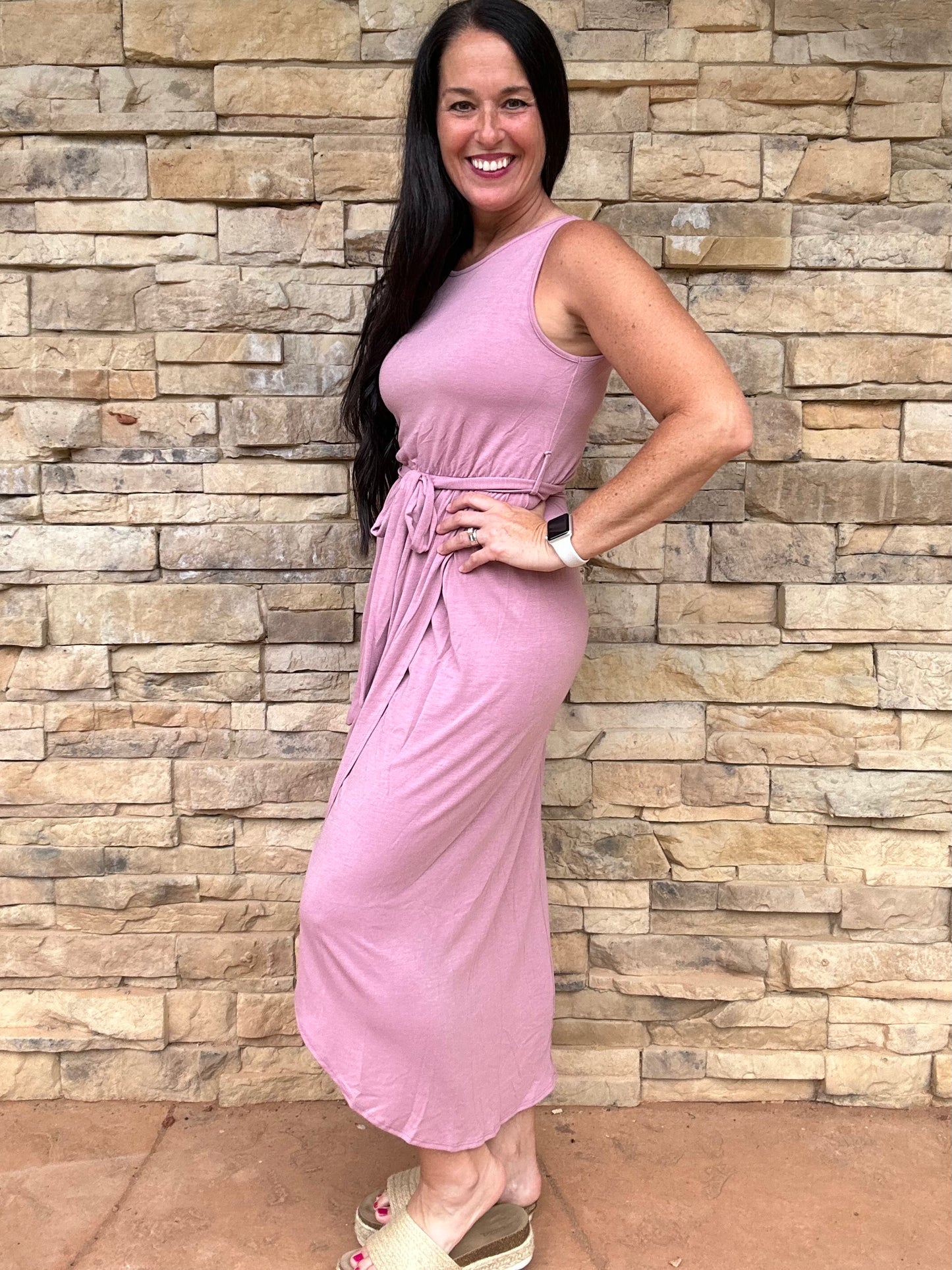 Zenana Sleeveless Belted Tulip Dress, Rose