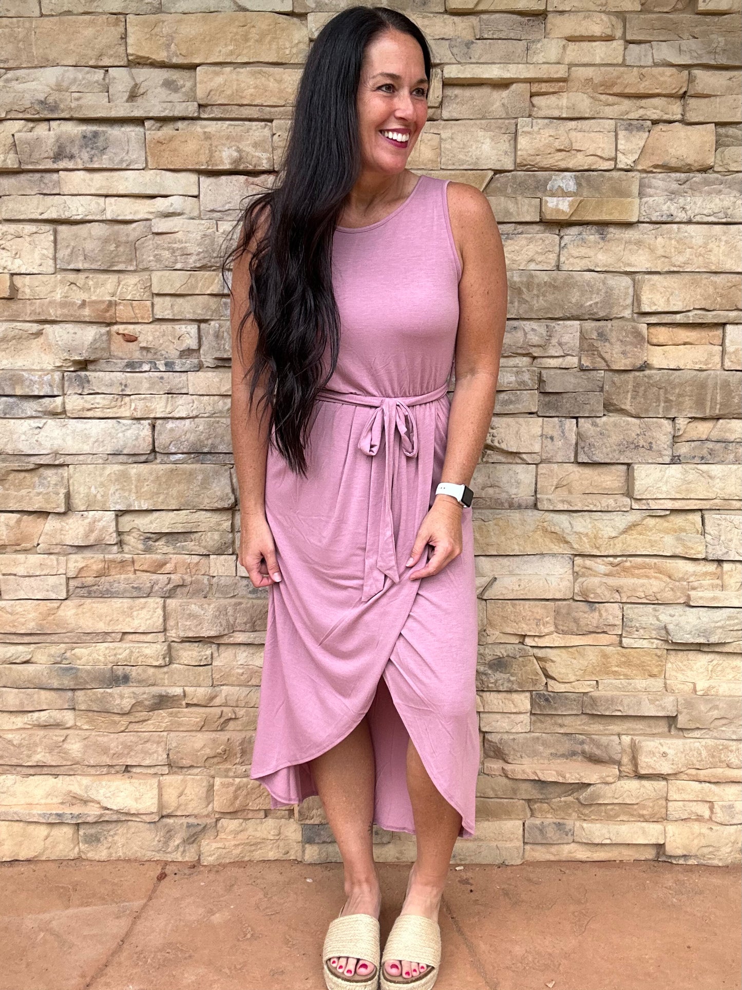 Zenana Sleeveless Belted Tulip Dress, Rose