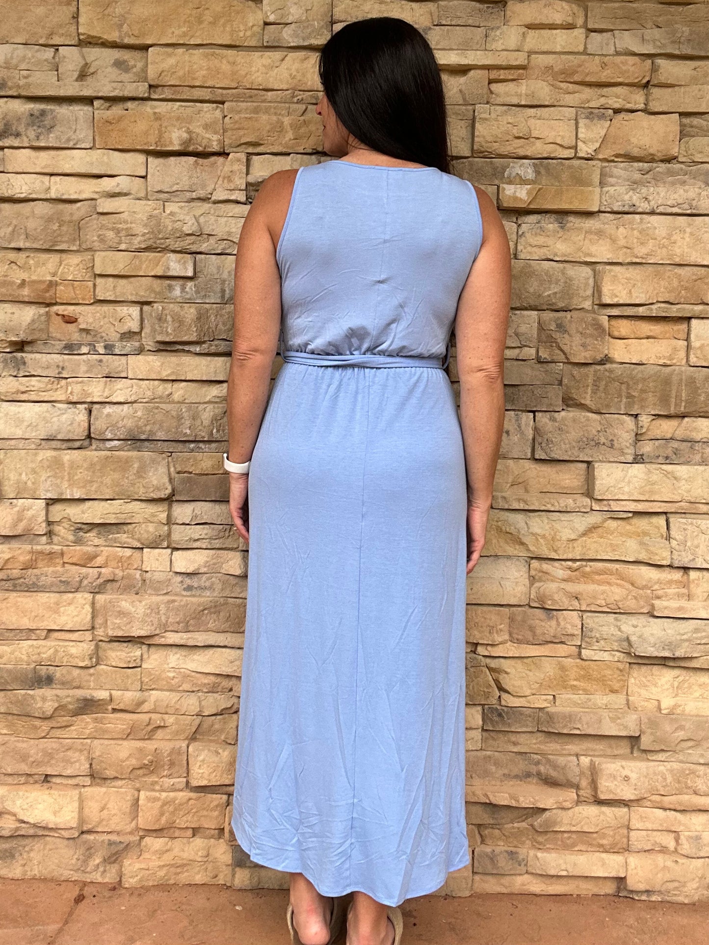 Zenana Sleeveless Belted Tulip Dress, Blue