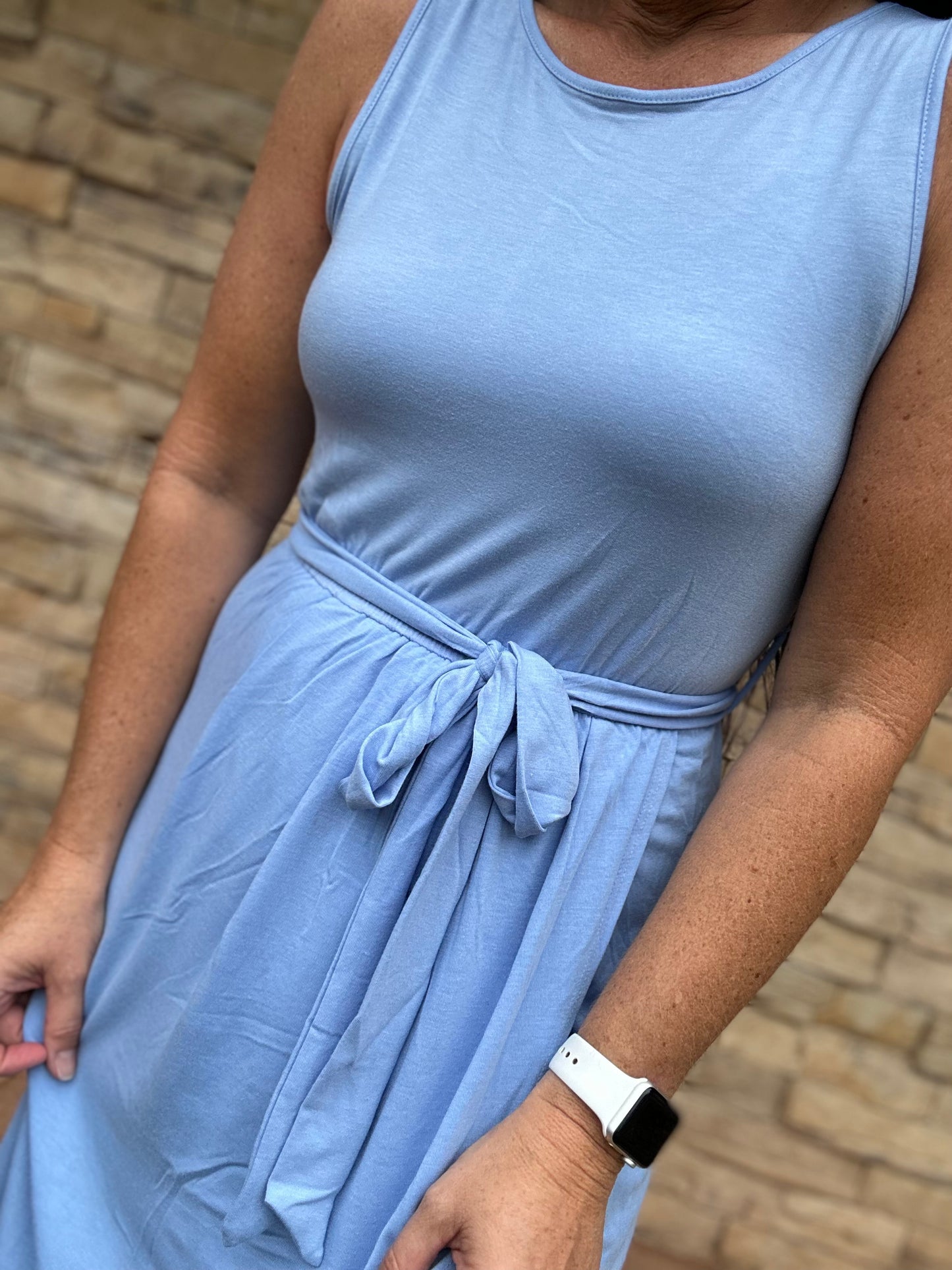 Zenana Sleeveless Belted Tulip Dress, Blue