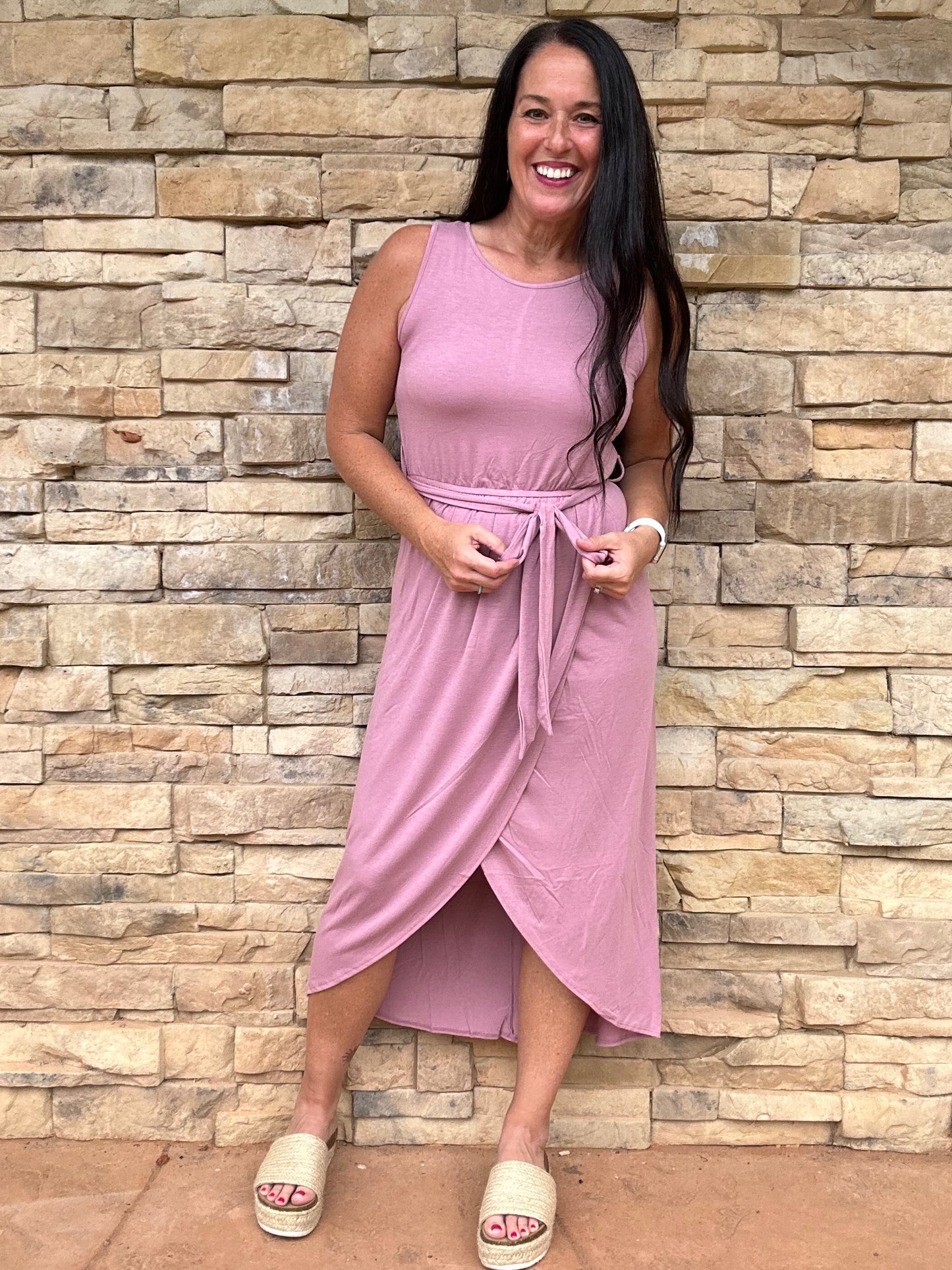 Zenana Sleeveless Belted Tulip Dress, Rose