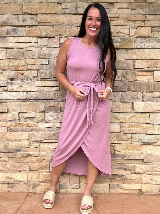 Zenana Sleeveless Belted Tulip Dress, Rose