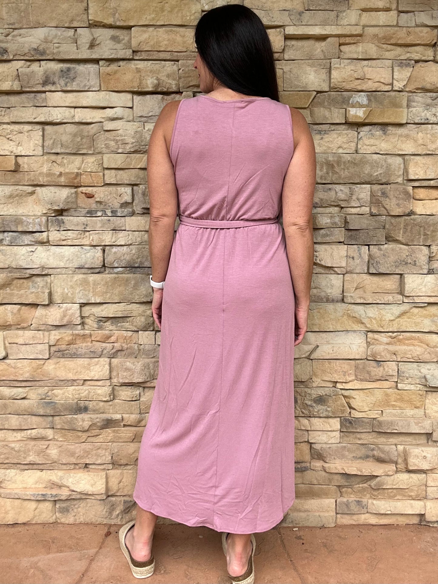 Zenana Sleeveless Belted Tulip Dress, Rose