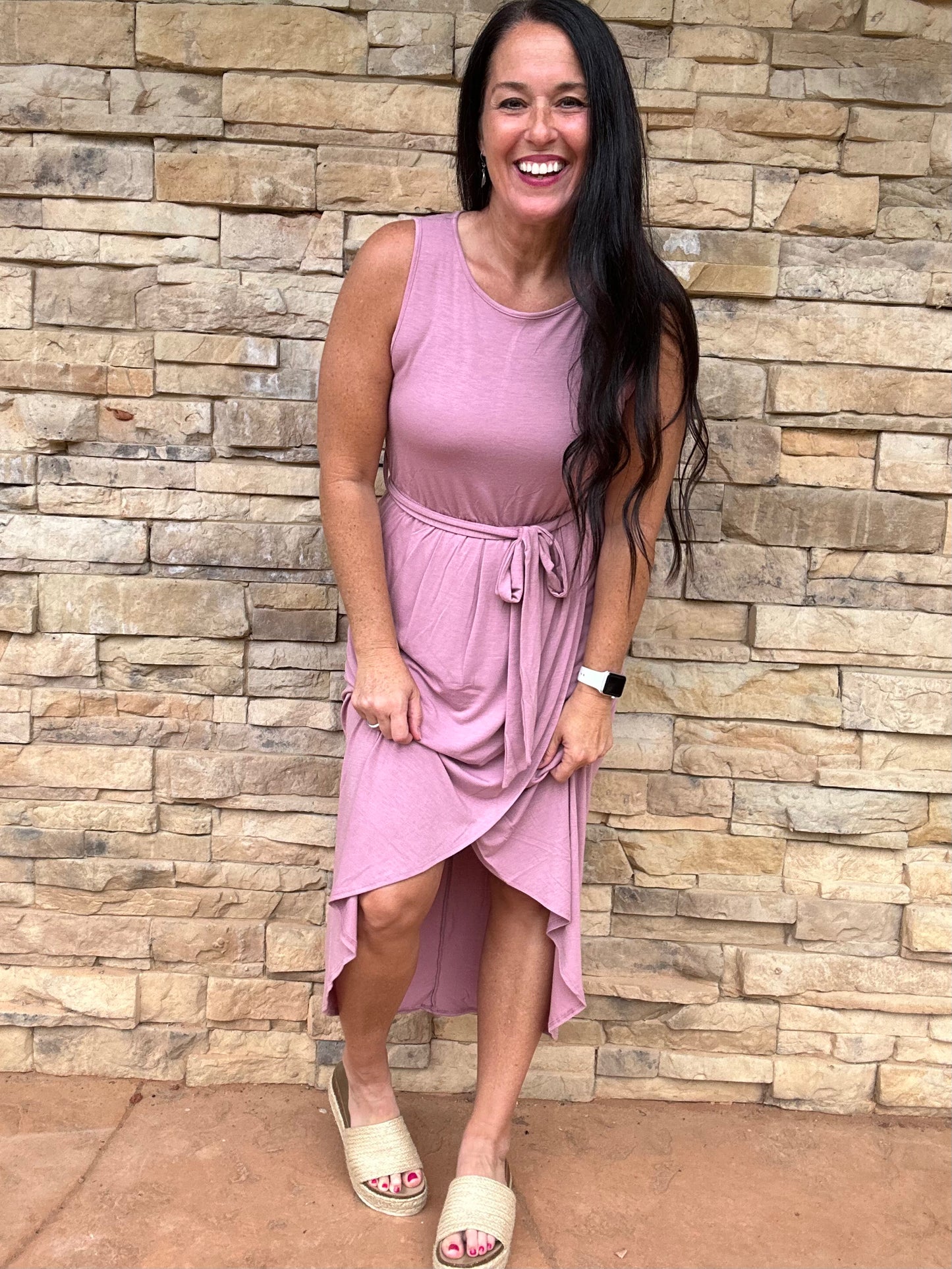 Zenana Sleeveless Belted Tulip Dress, Rose