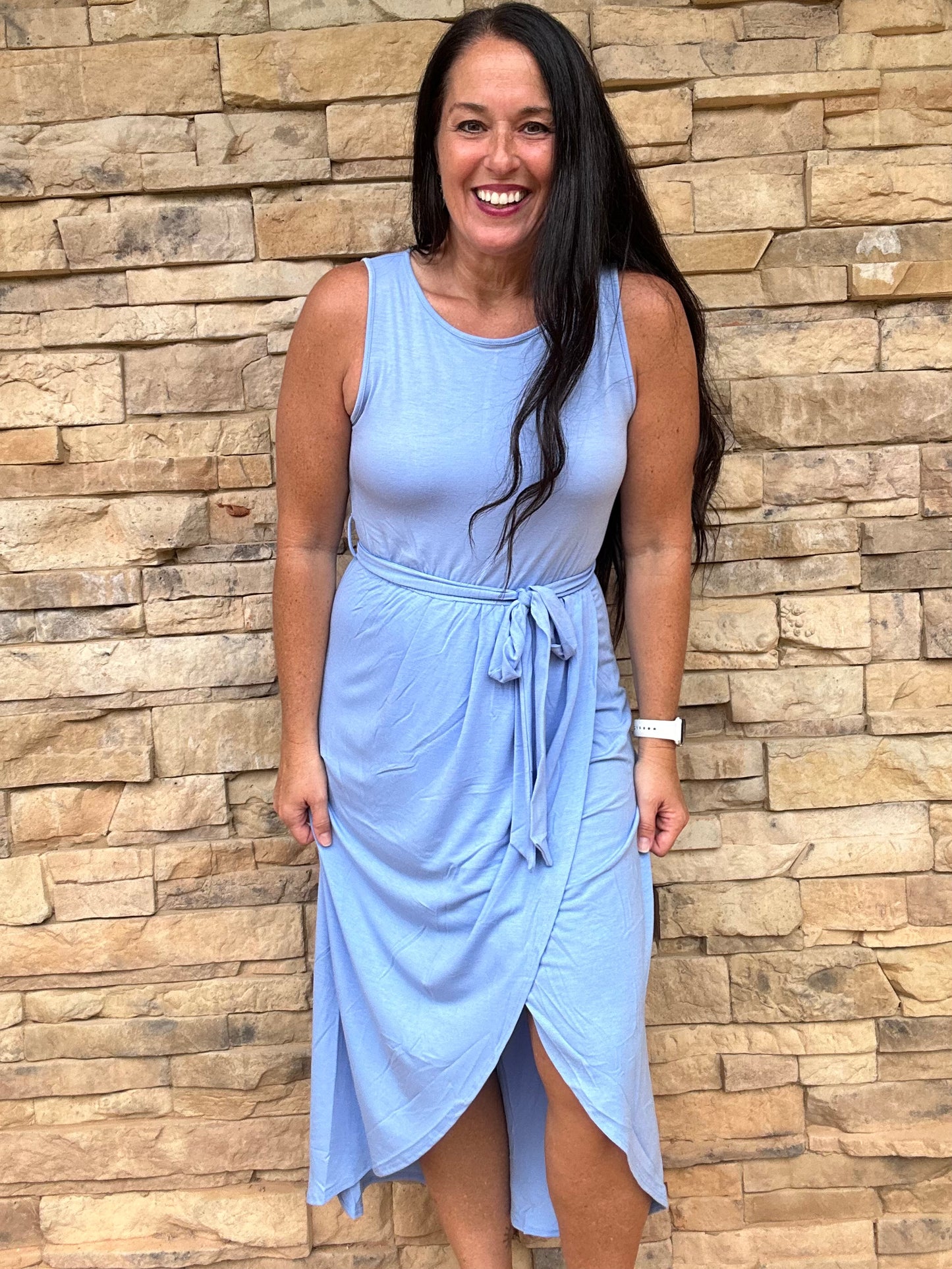 Zenana Sleeveless Belted Tulip Dress, Blue