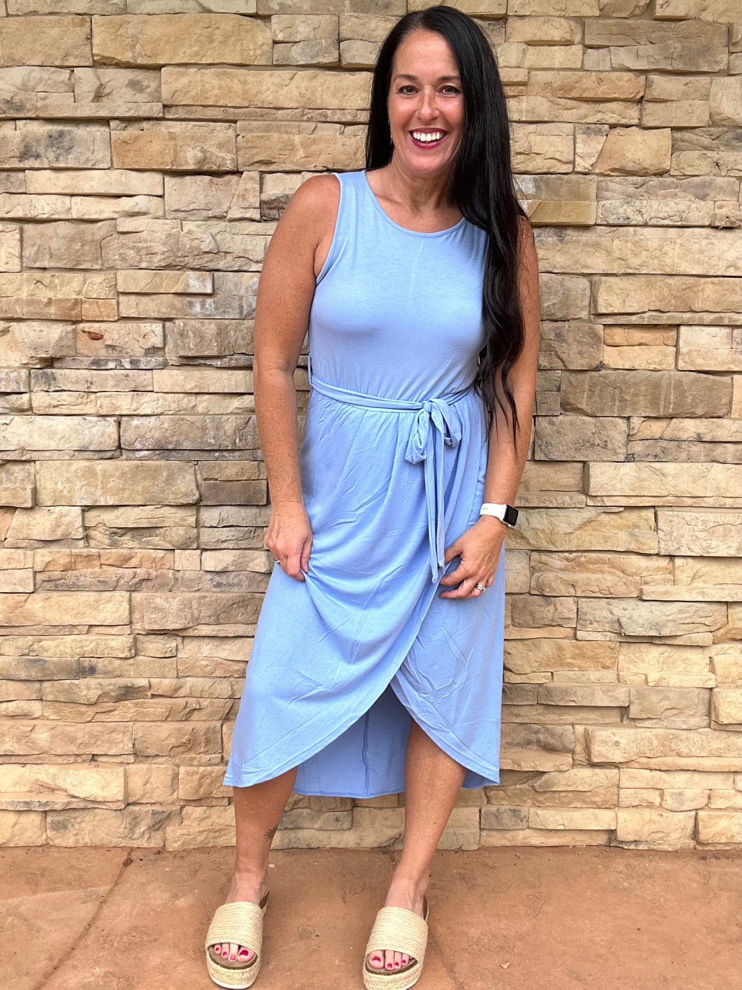 Zenana Sleeveless Belted Tulip Dress, Blue