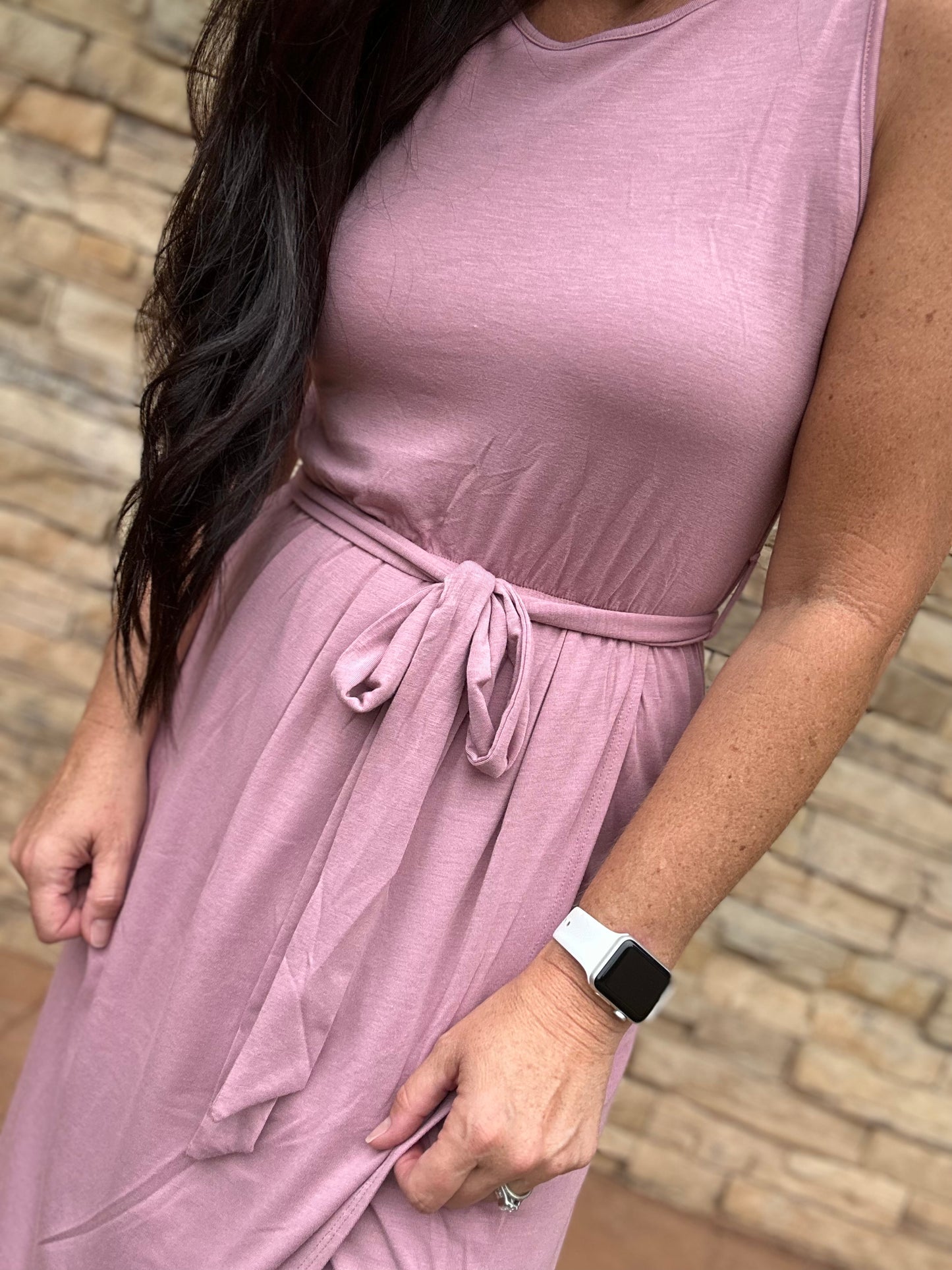 Zenana Sleeveless Belted Tulip Dress, Rose