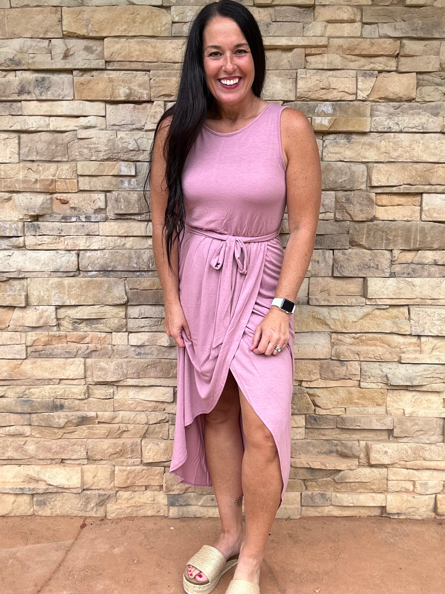 Zenana Sleeveless Belted Tulip Dress, Rose