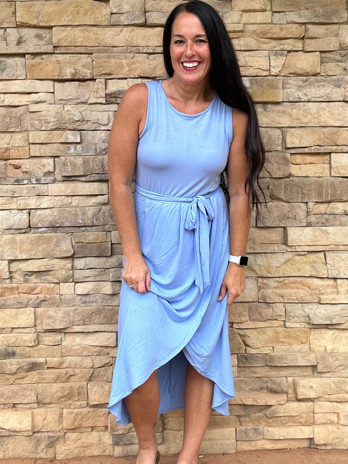 Zenana Sleeveless Belted Tulip Dress, Blue