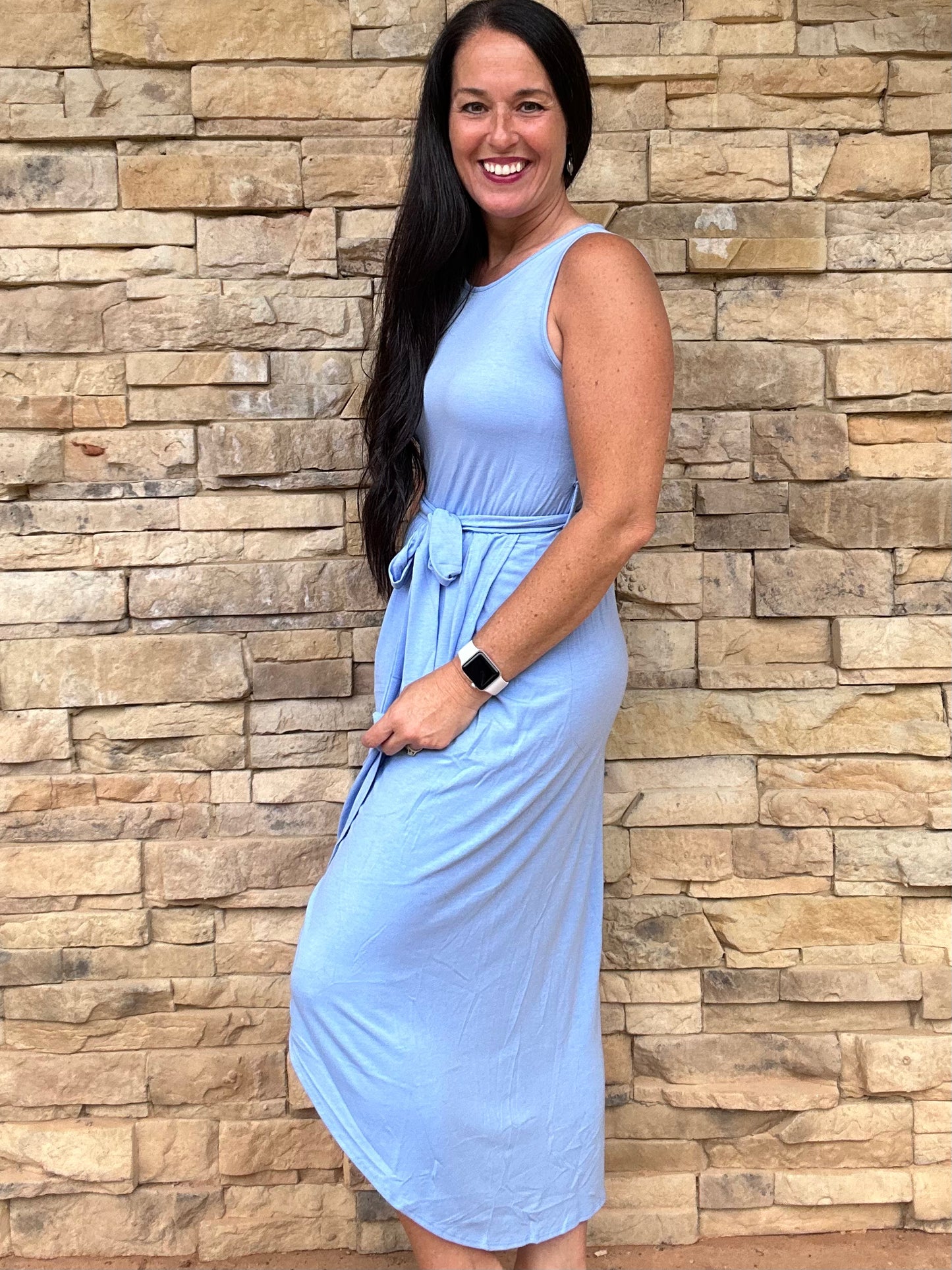 Zenana Sleeveless Belted Tulip Dress, Blue