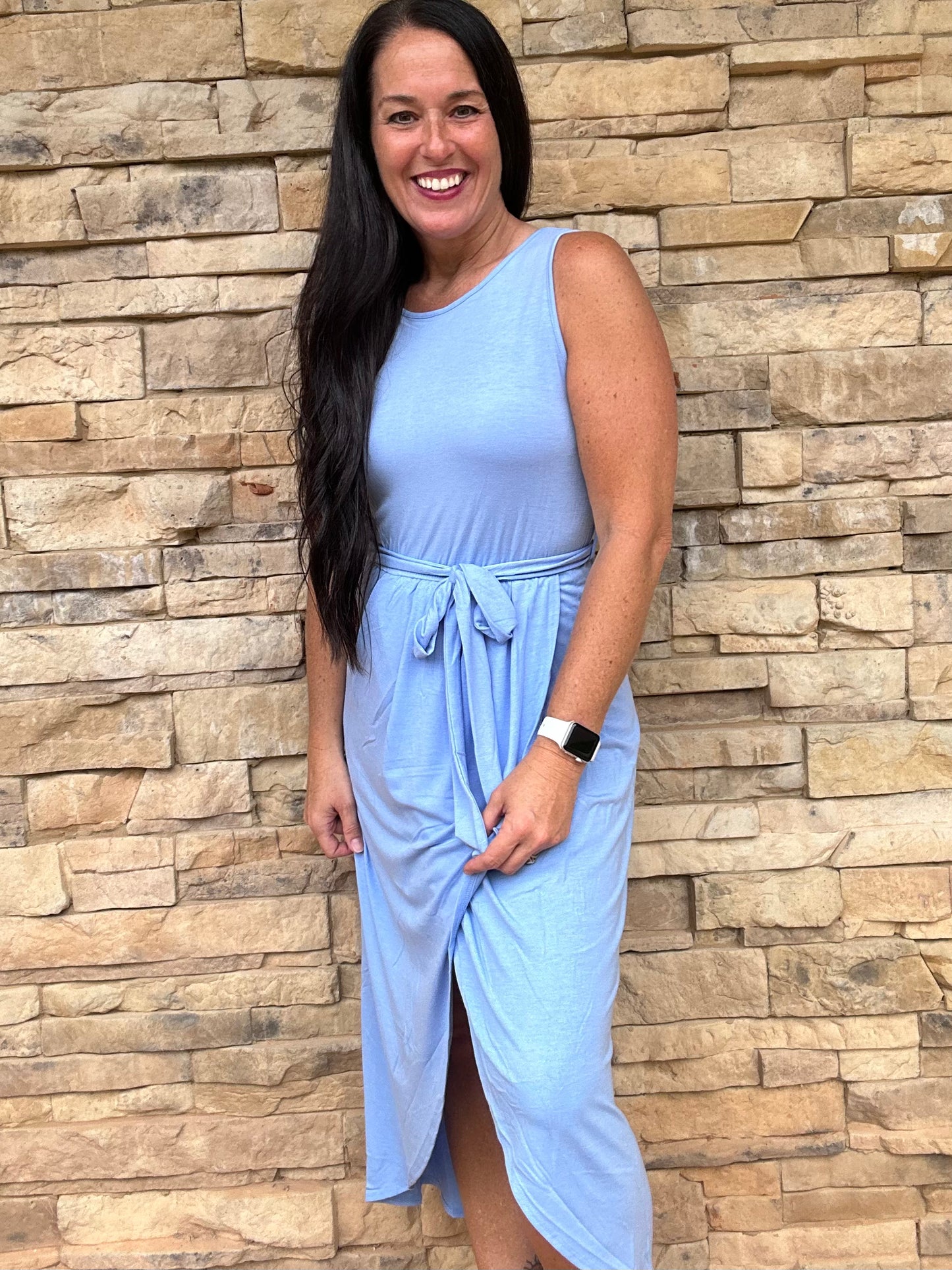 Zenana Sleeveless Belted Tulip Dress, Blue