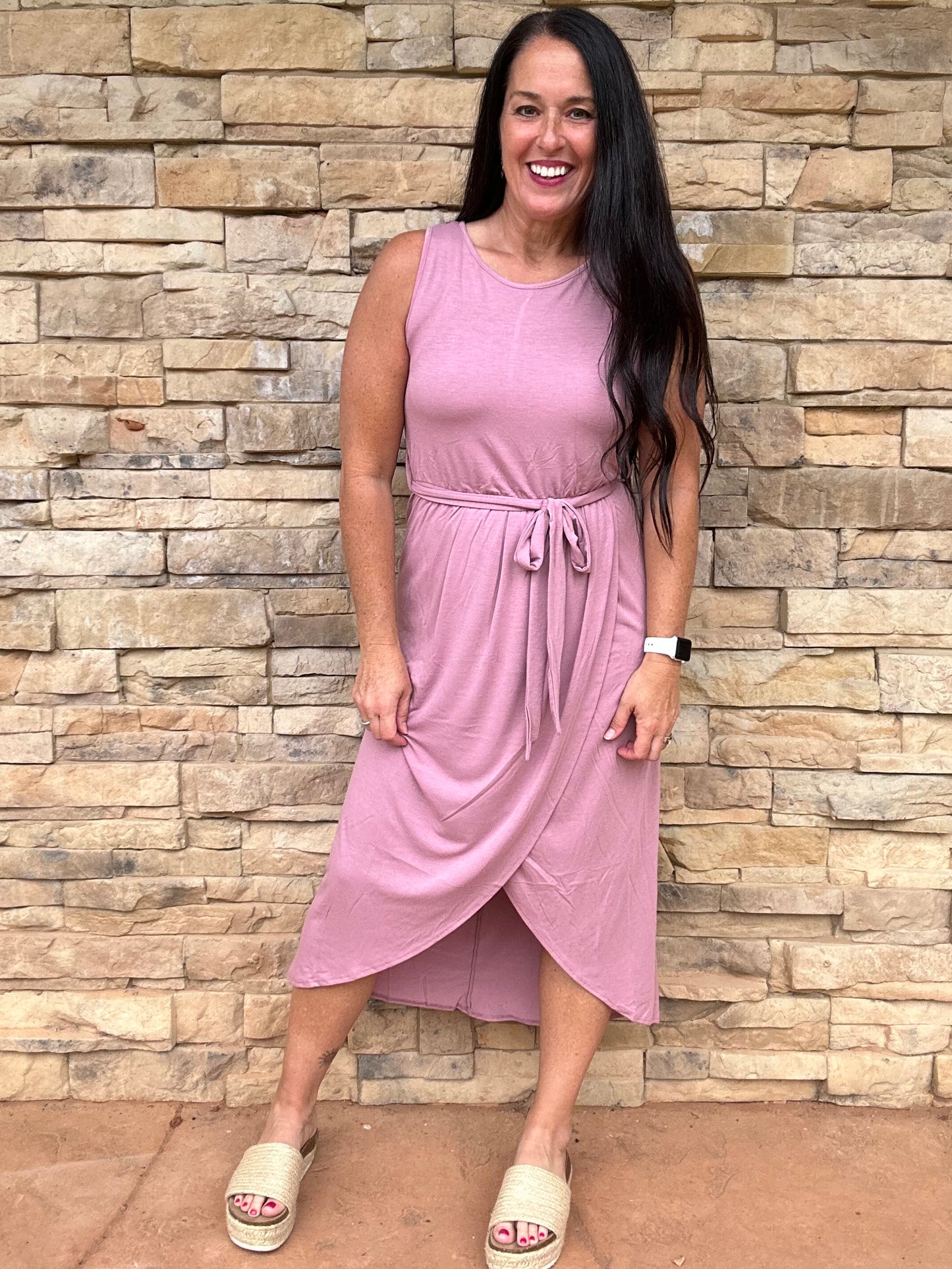 Zenana Sleeveless Belted Tulip Dress, Rose