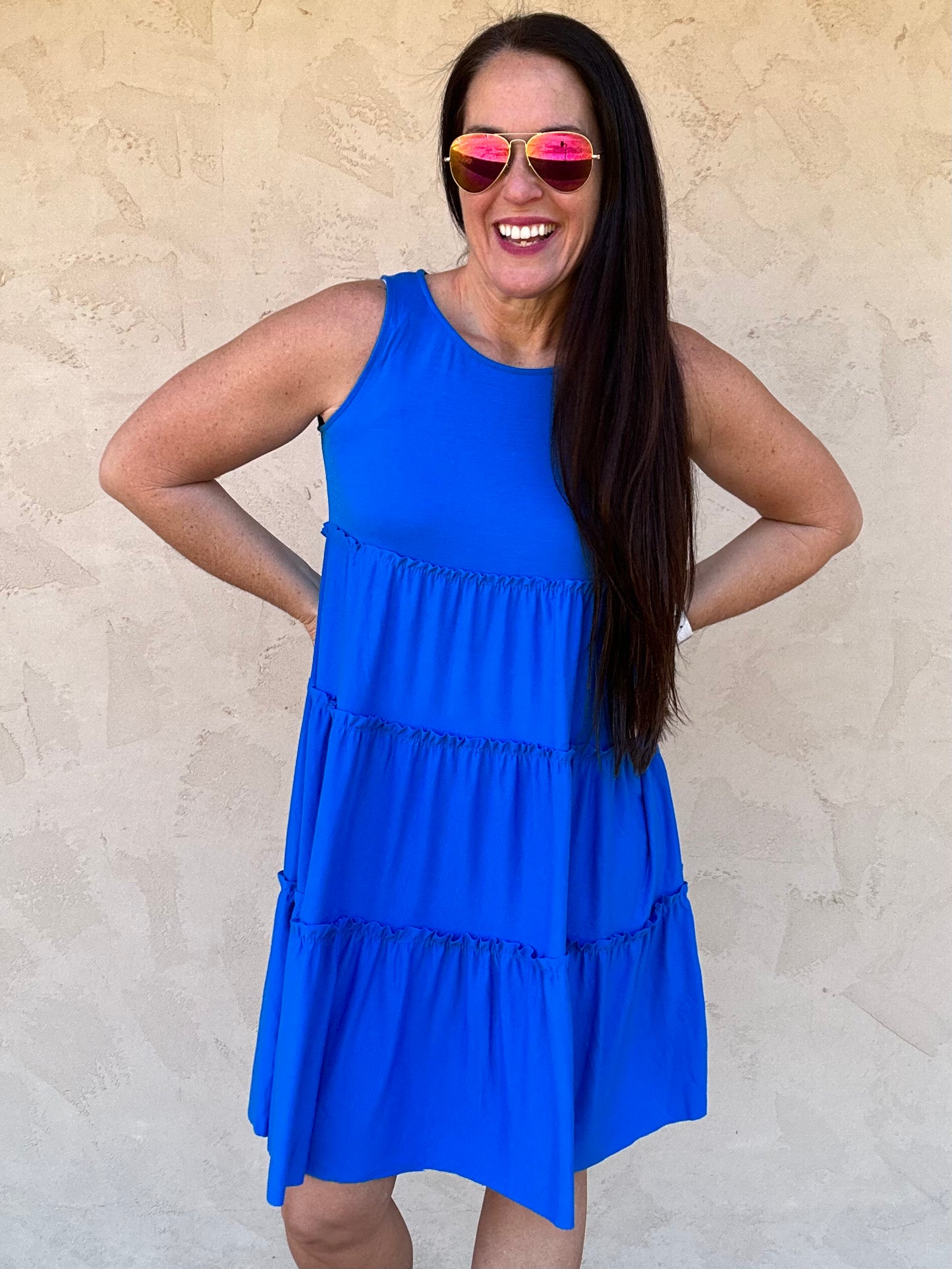 Zenana Sleeveless Tiered Dress, Ocean Blue