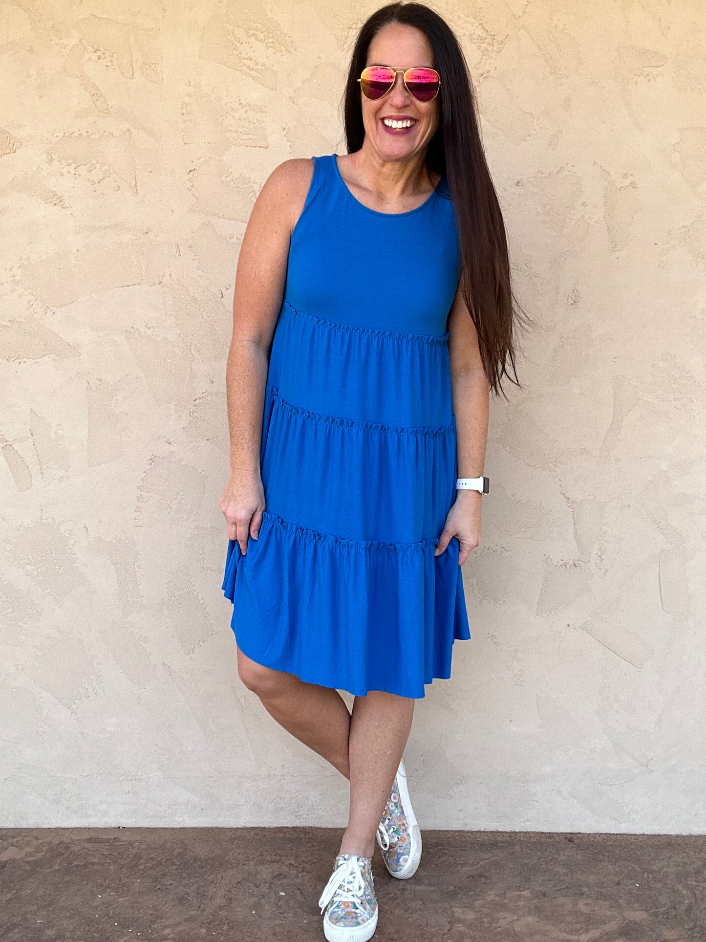 Zenana Sleeveless Tiered Dress, Ocean Blue