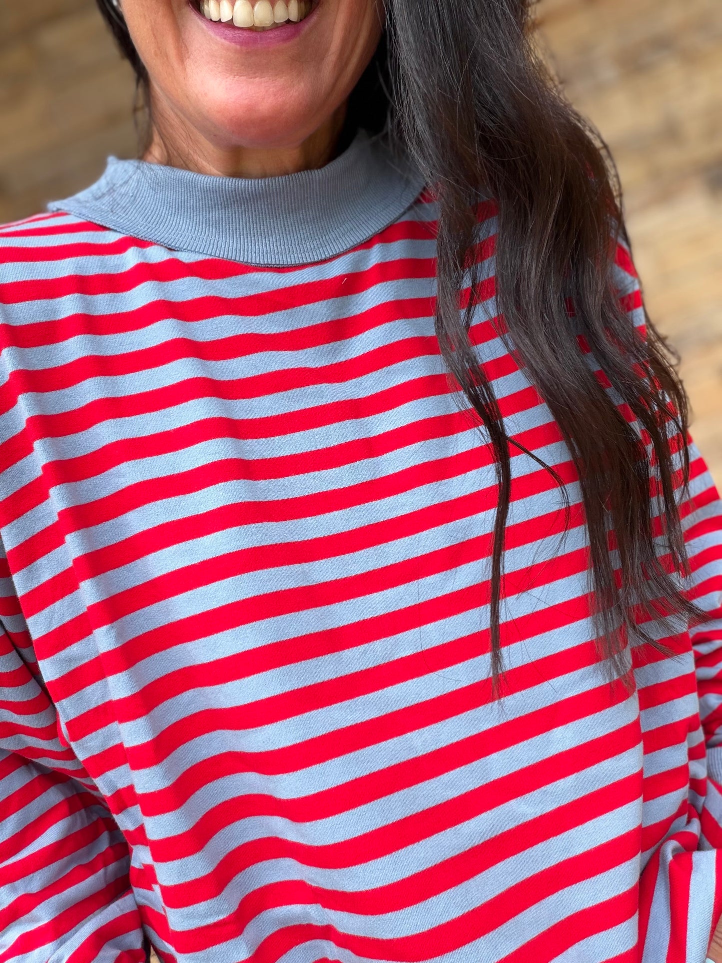 Contrast Stripe Terry Pullover, Denim/Red