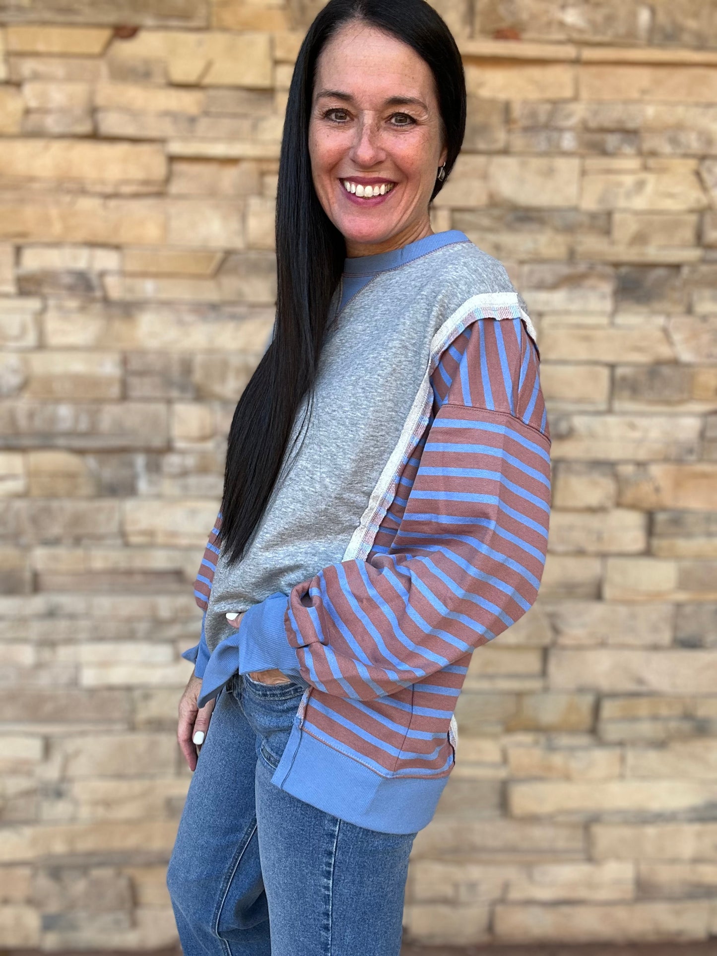 Grey Contrast Stripe Top