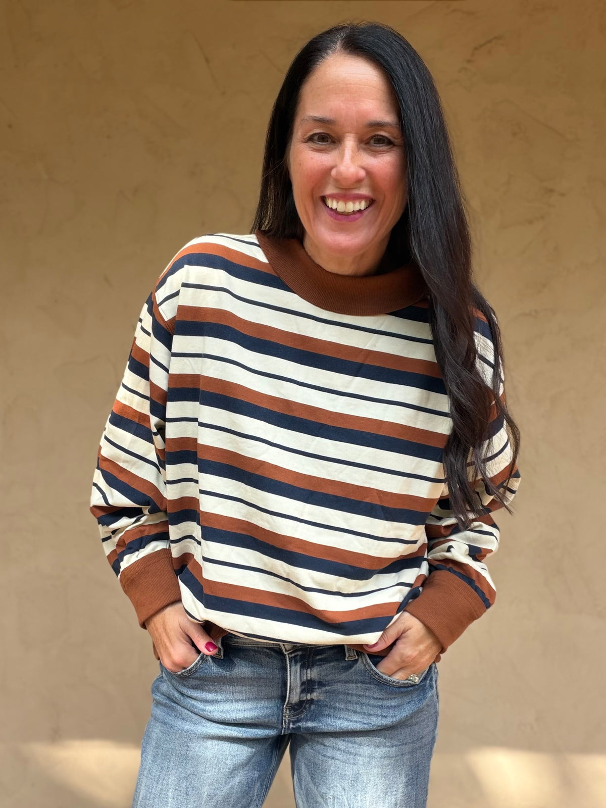 Oversized Striped Sweatshirt, Camel/Navy