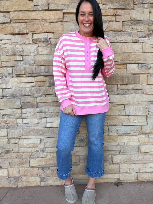 Striped Half Button Top, Pink