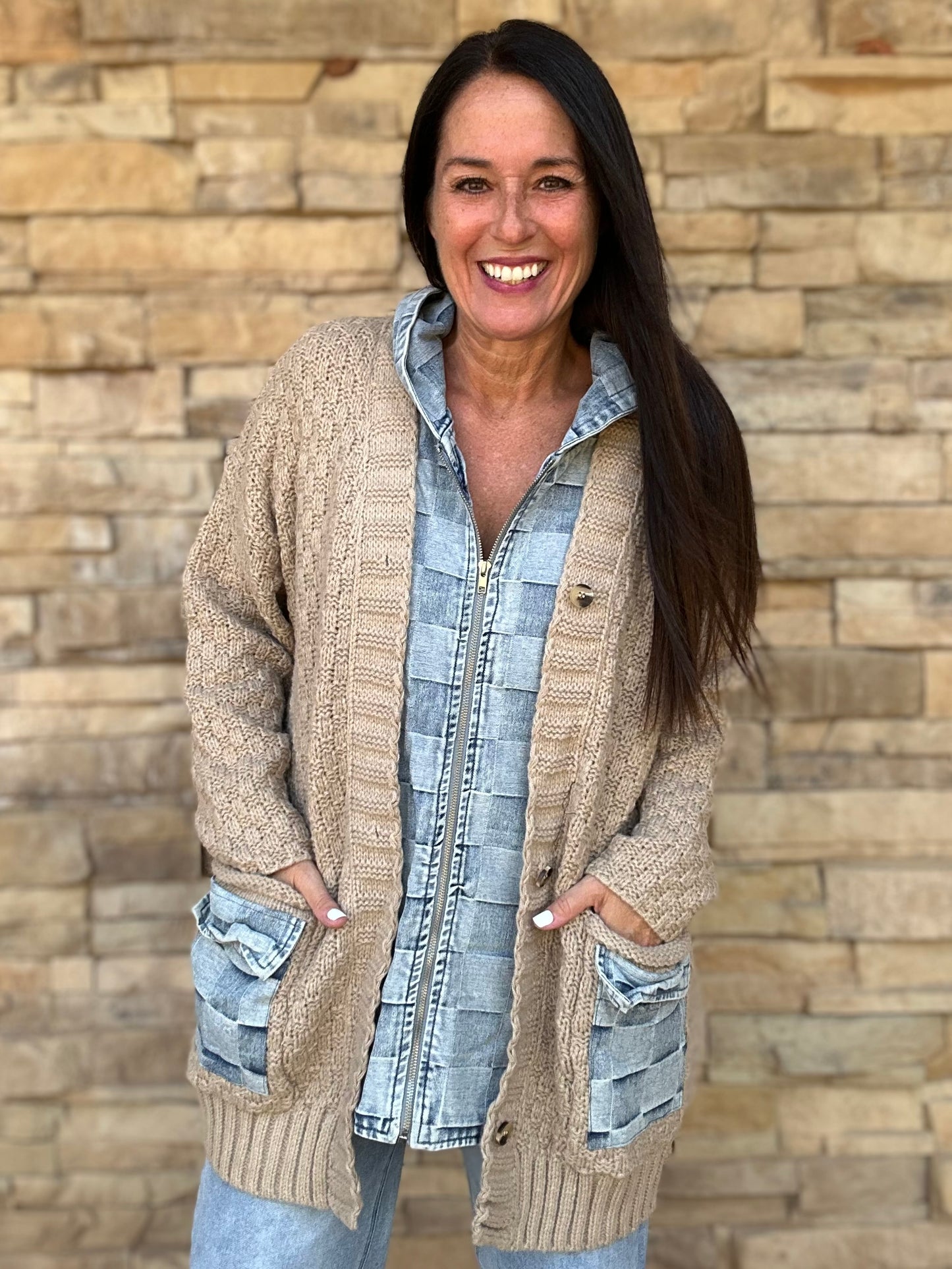 Checker Denim Zip Up Sweater Cardigan, Latte