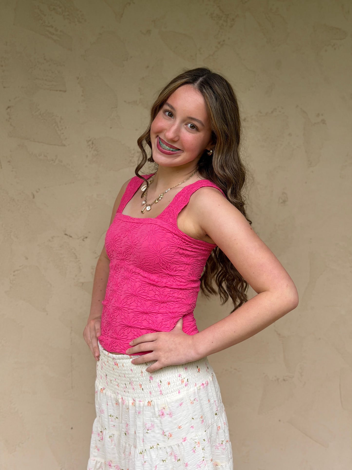 Floral Jacquard Tank, Fuchsia