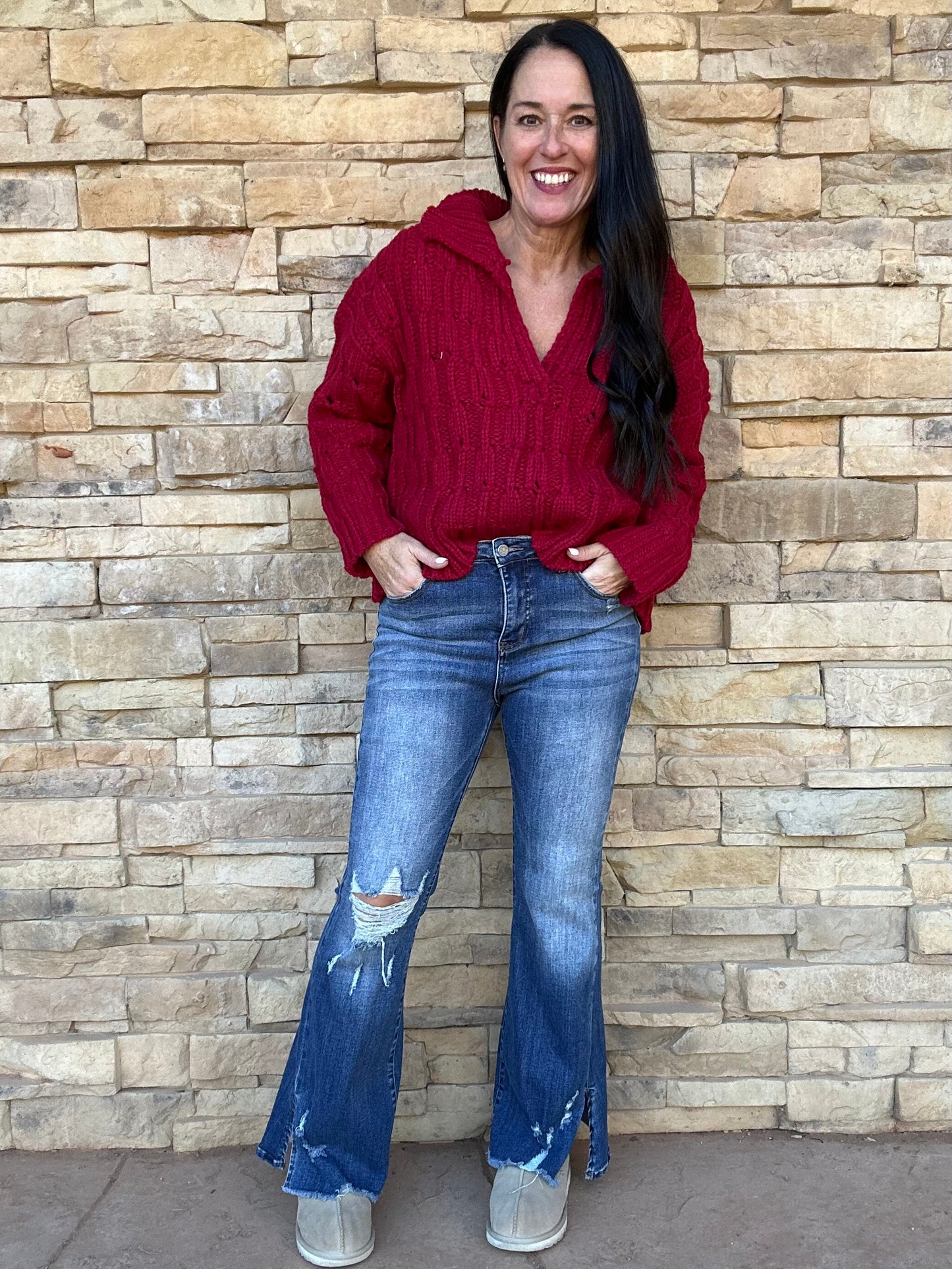 So Me Collared V-Neck Sweater, Brugundy