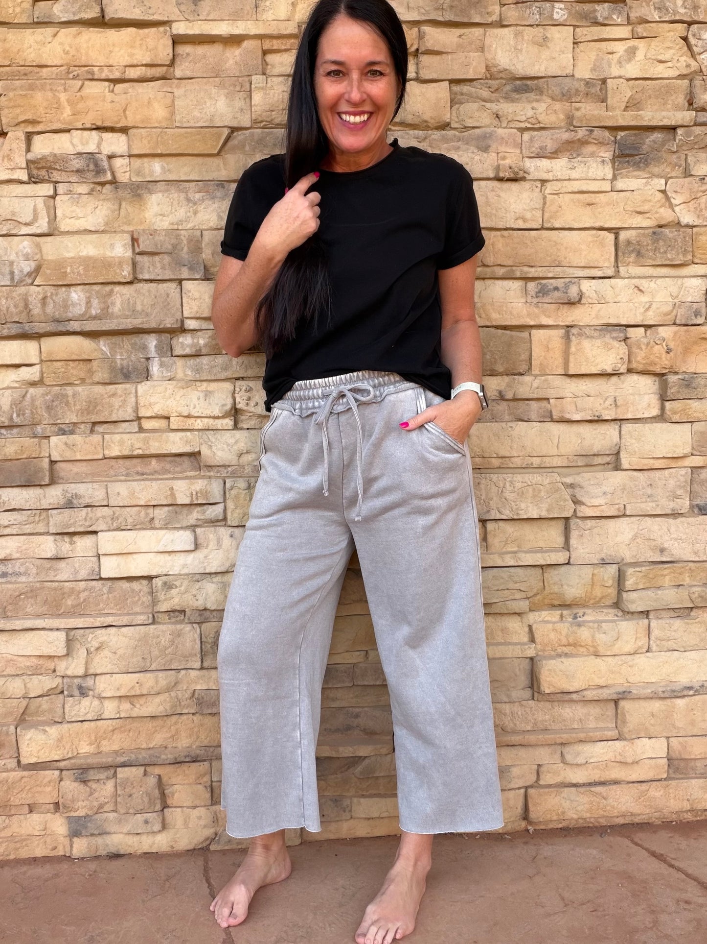 Zenana Acid Washed Cropped Palazzo Pants, Sleet