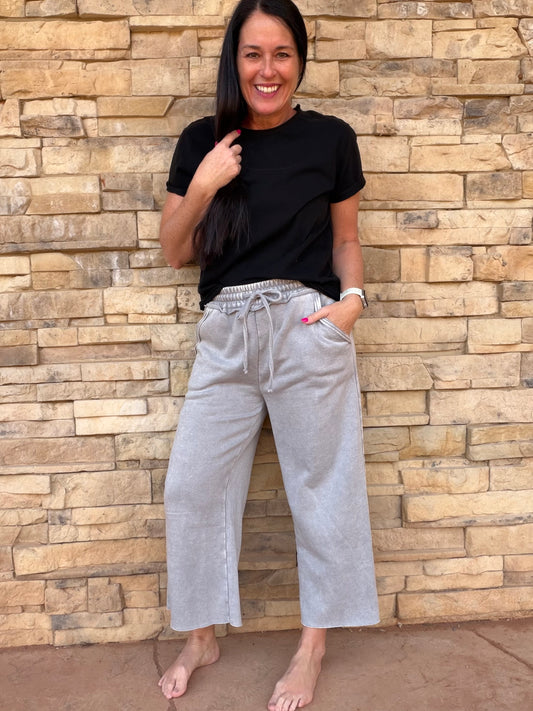 Zenana Acid Washed Cropped Palazzo Pants, Sleet