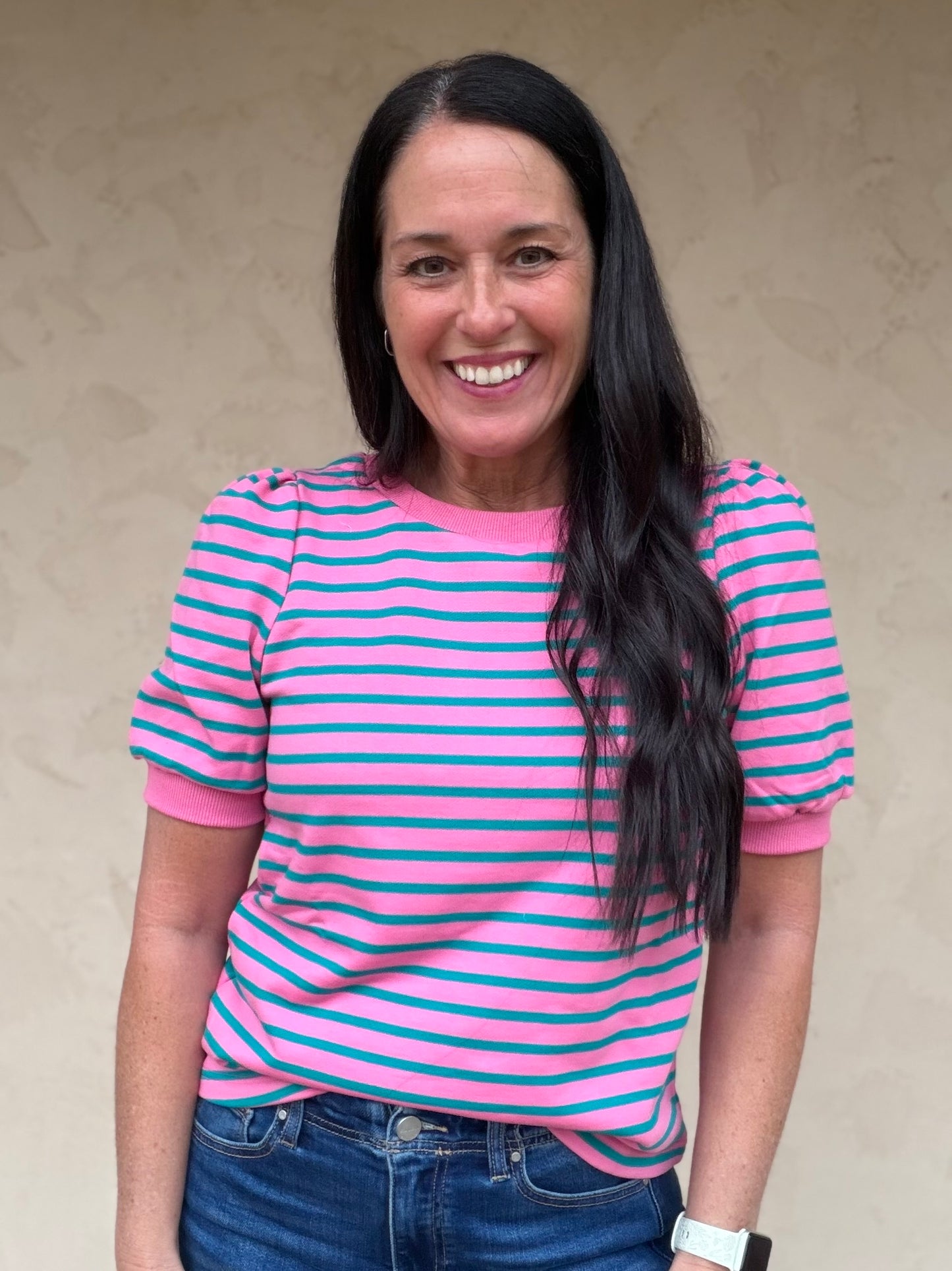 Stripe Puff Sleeve Sweater, Pink