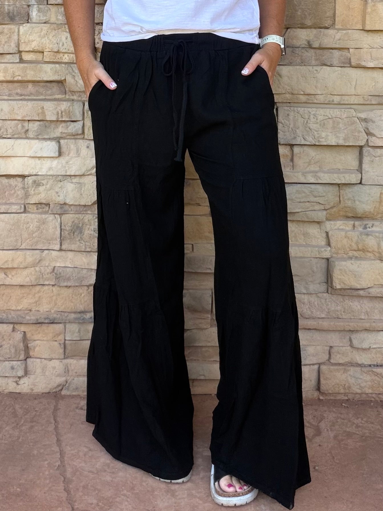 Linen Blend Palazzo Pants, Black