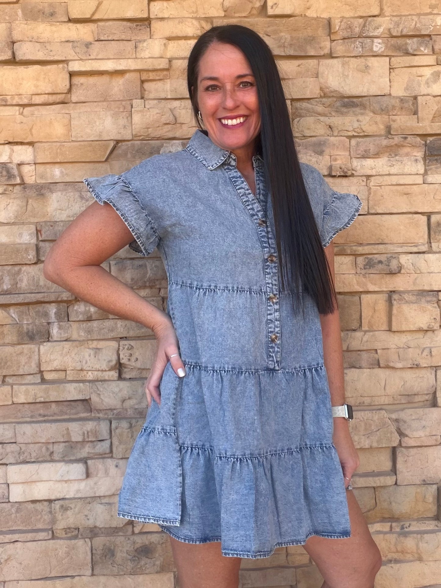 Chambray Ruffle Sleeve Dress