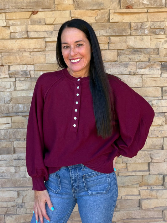 Henley Balloon Sleeve Sweater Top, Burgundy