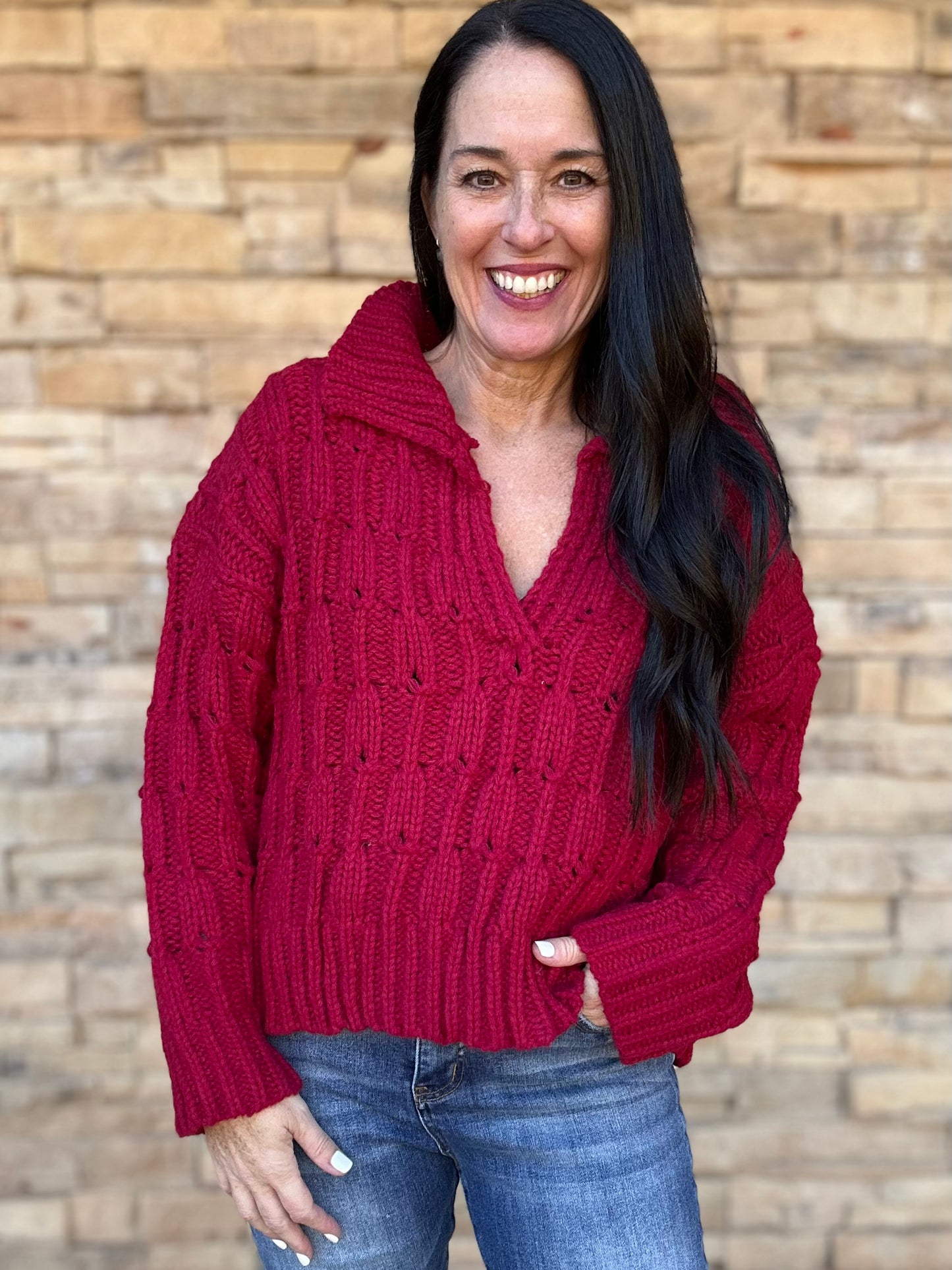 So Me Collared V-Neck Sweater, Brugundy