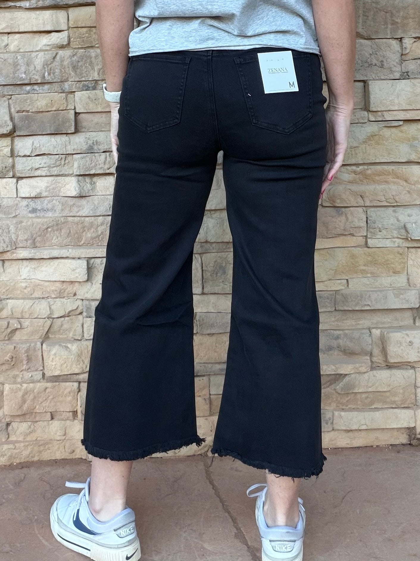 Zenana Acid Washed Frayed Hem Pants, Black