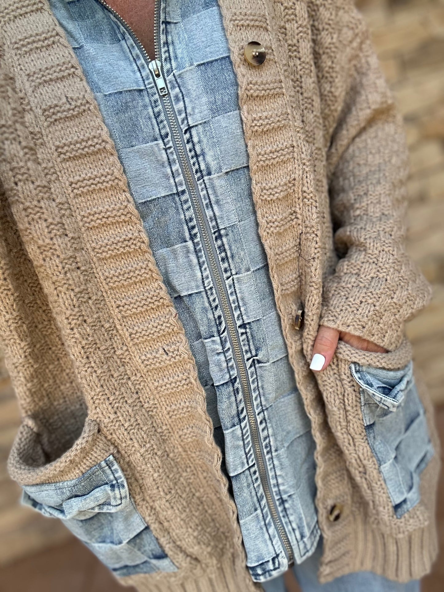 Checker Denim Zip Up Sweater Cardigan, Latte