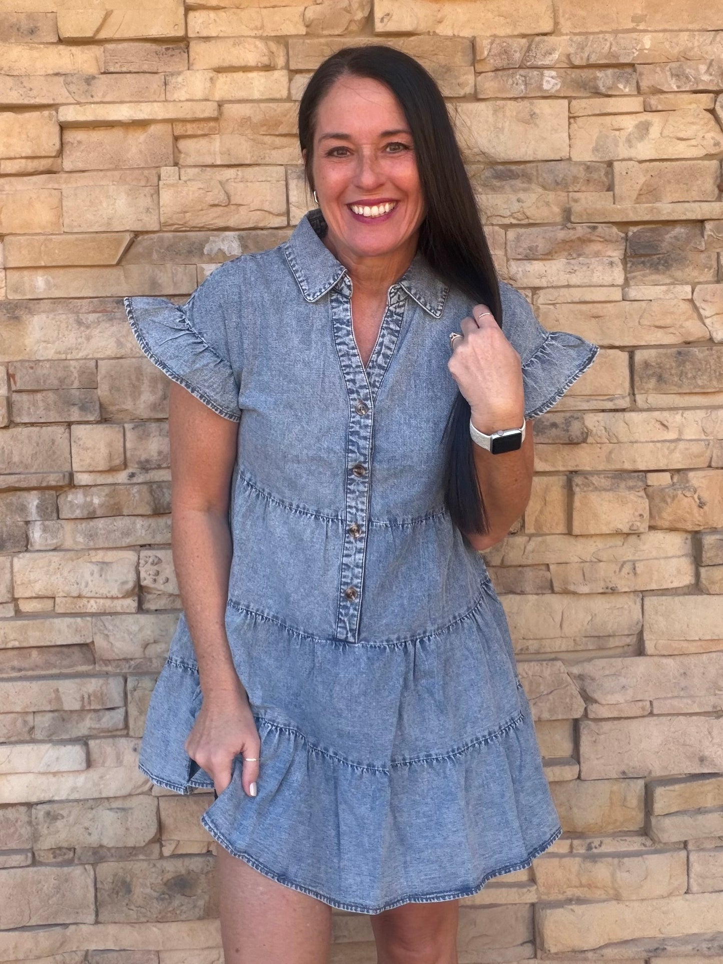 Chambray Ruffle Sleeve Dress