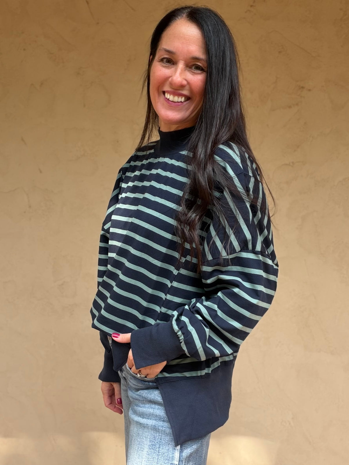 Striped Mock Neck Sweatshirt, Navy/Sage