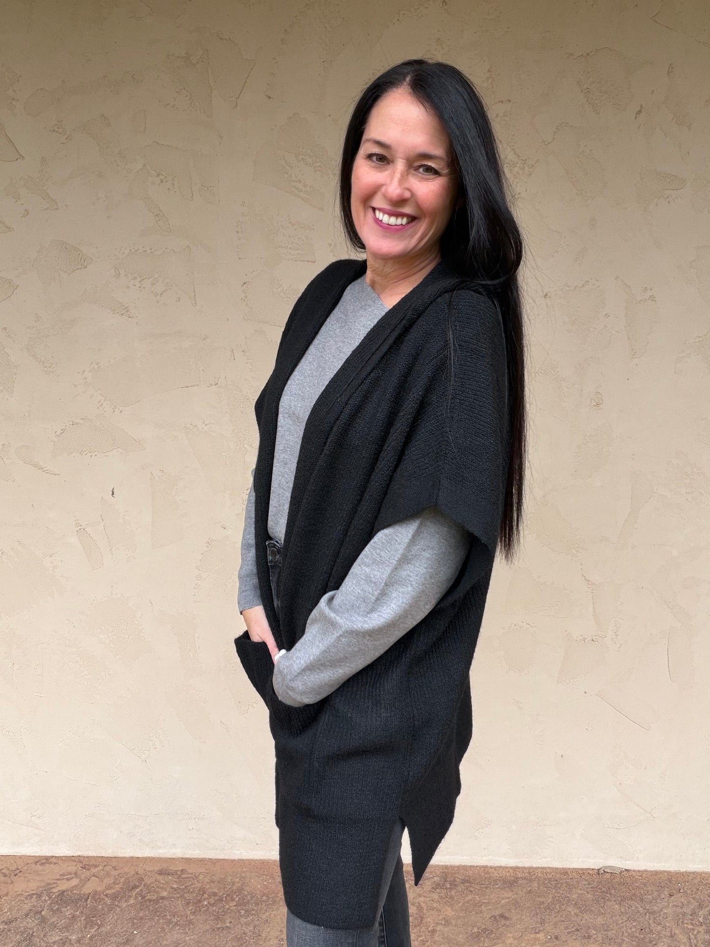 Hem & Thread Hooded Sweater Poncho, Black