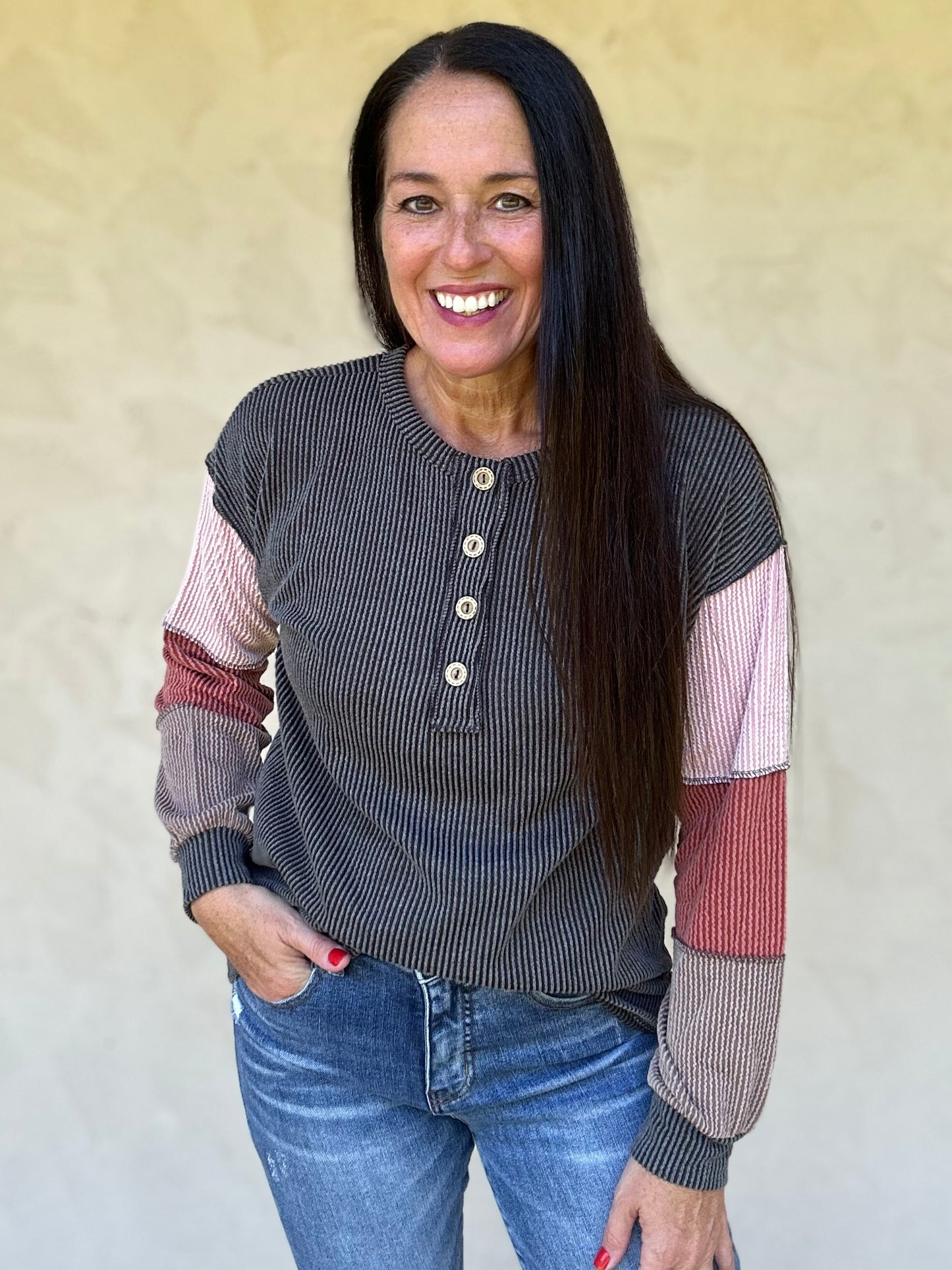 Colorblock Urban Ribbed Top, Charcoal