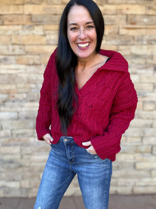 So Me Collared V-Neck Sweater, Brugundy