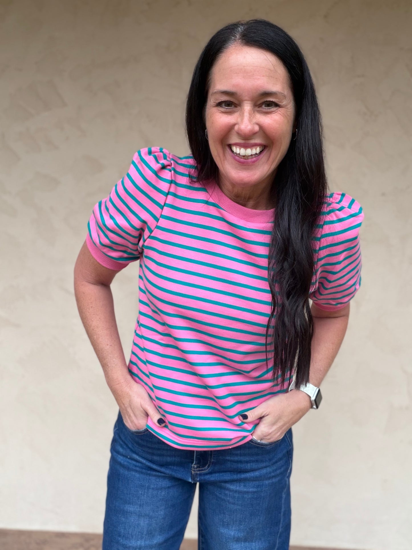 Stripe Puff Sleeve Sweater, Pink