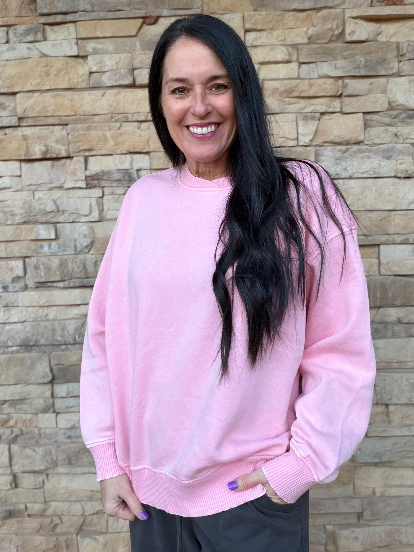 Zenana Acid Washed Sweatshirt, Pink