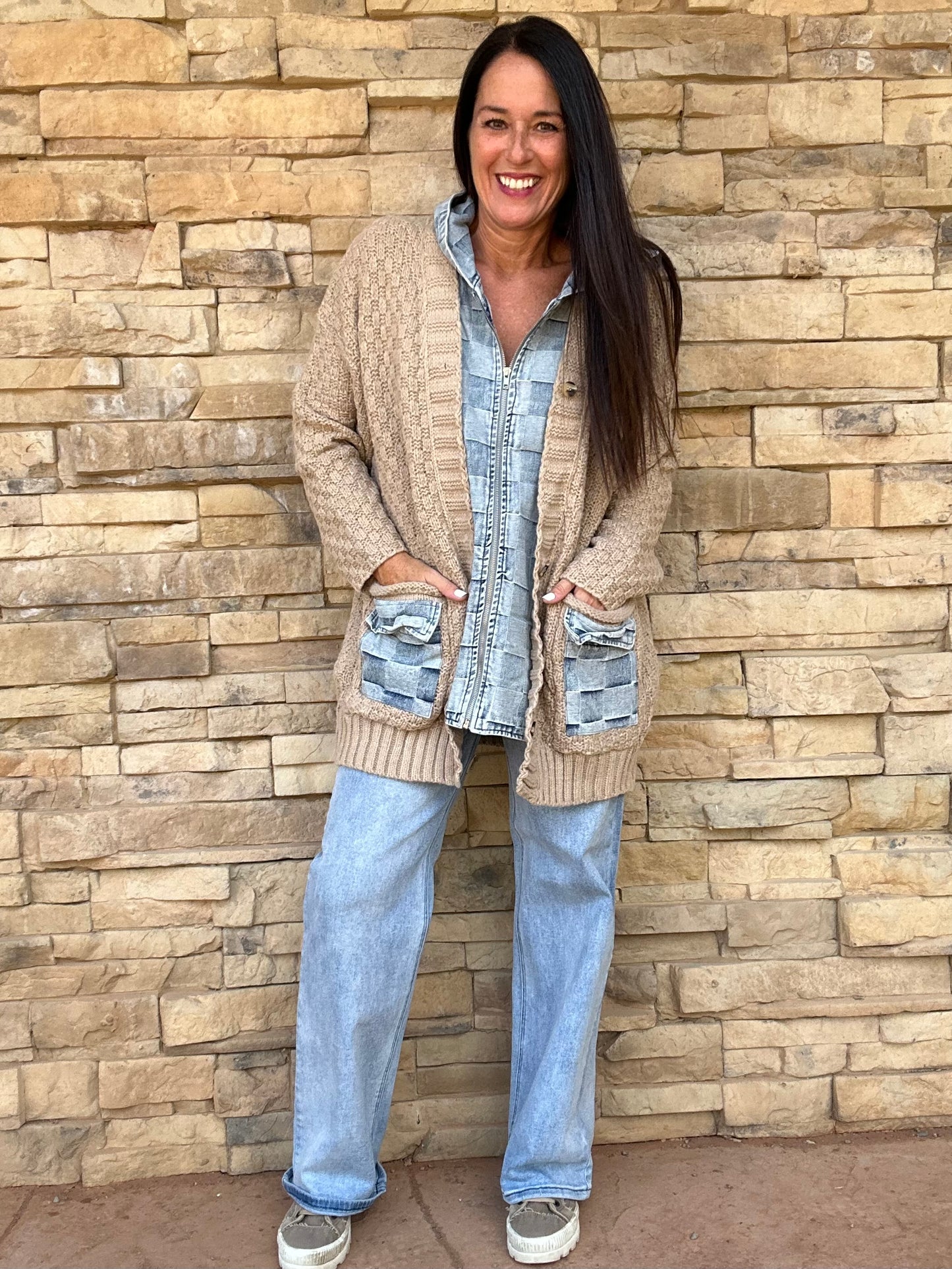 Checker Denim Zip Up Sweater Cardigan, Latte