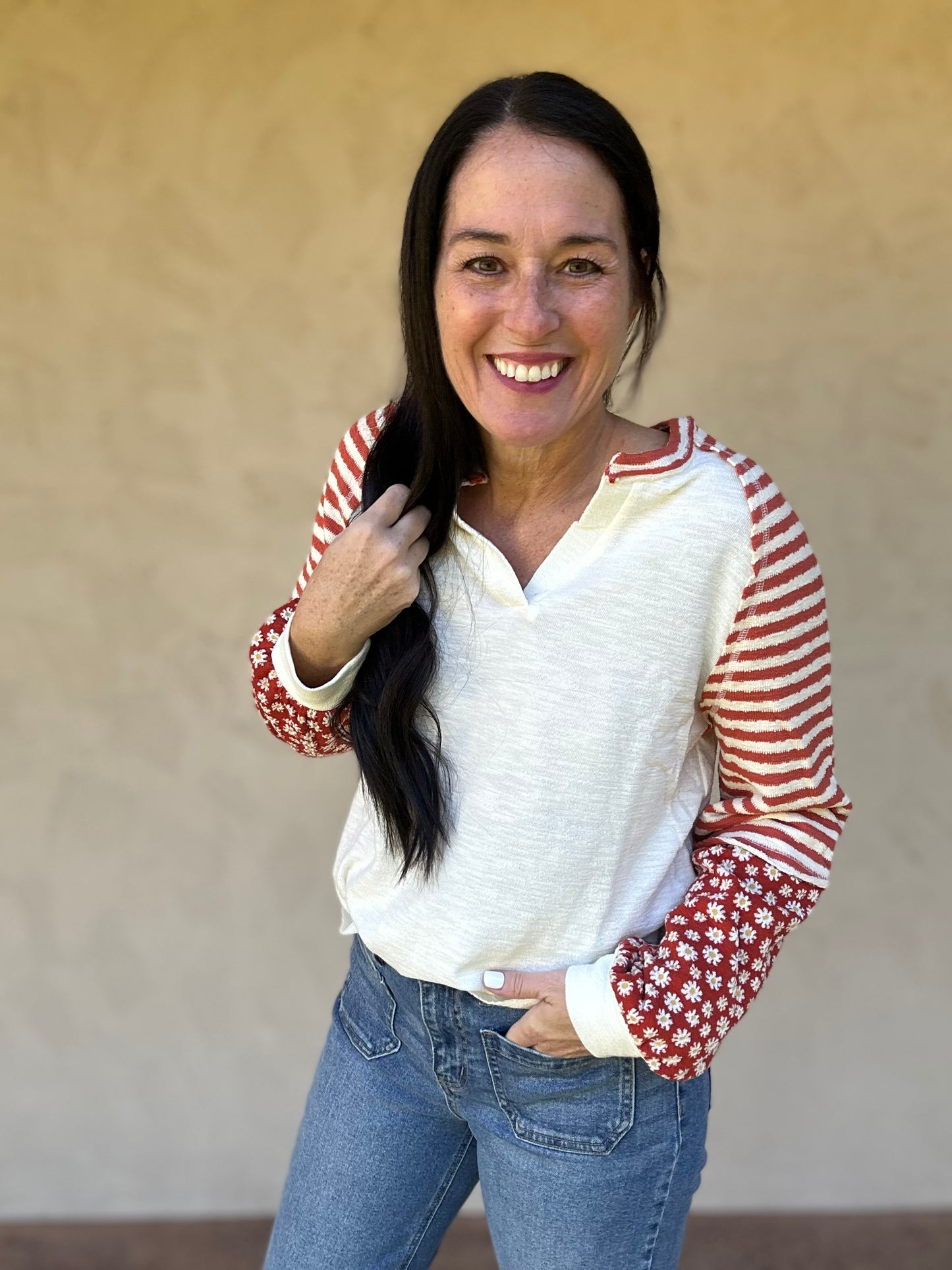 Floral Sleeve Top, Cream