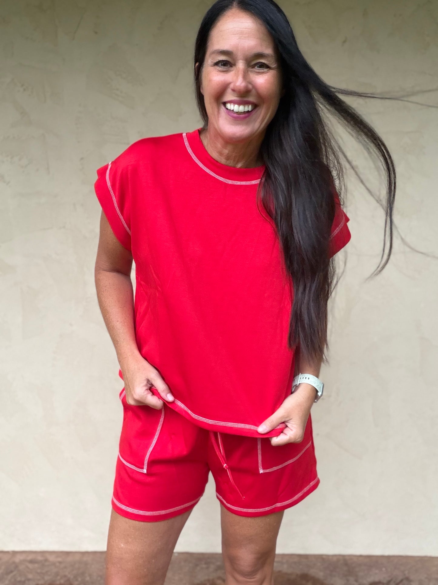 Scuba Contrast Stitch Lounge Set, Red