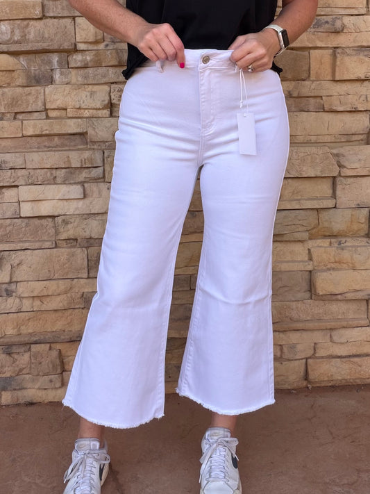 Zenana Acid Washed Frayed Hem Pants, White