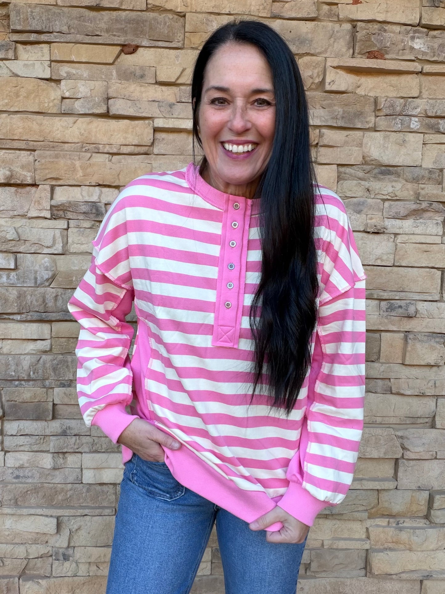 Striped Half Button Top, Pink