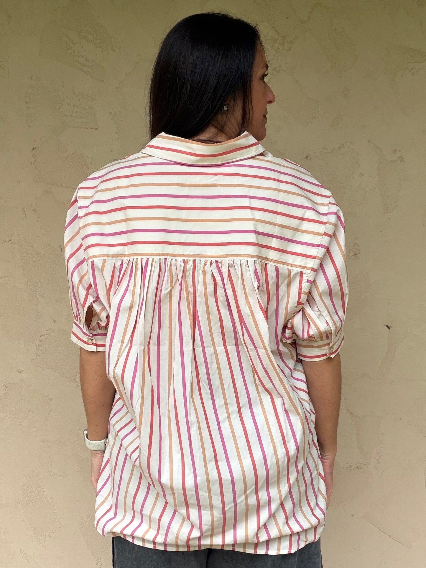 Oversized Striped Button Down Top, Pink